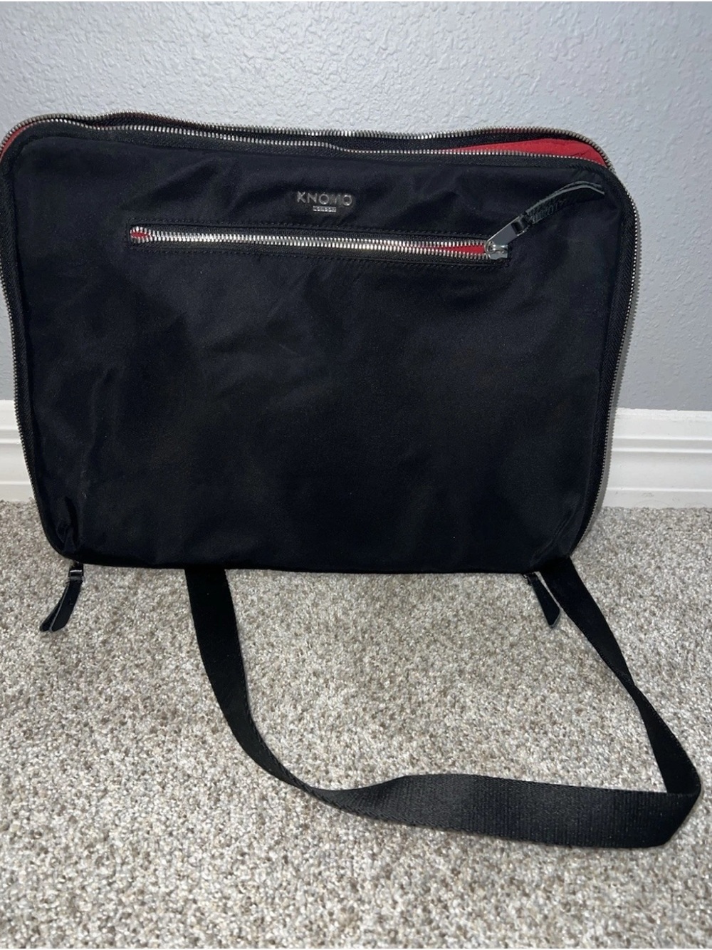 Knomo Black Nylon Messenger Bag with Red Accents